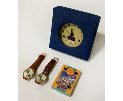 THREE DISNEY WRISTWATCHES, DISNEY CLOCKS &amp; LTD EDITION PLAYING CARDS