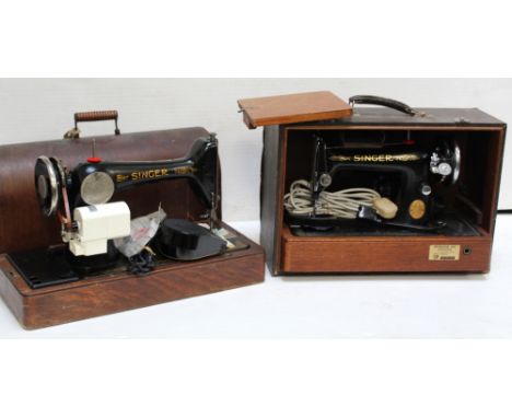 An oak-cased vintage Singer sewing machine and a later example in faux crocodile skin case (2).