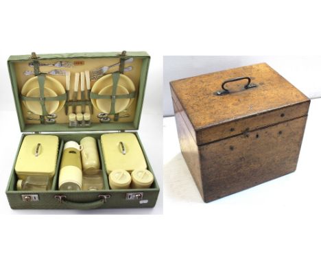 A vintage Sirram 1960/70s fitted picnic hamper, width 49.5cm and a lined oak box (2).