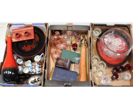 A collectors' lot to include a pressed glass punch bowl and cups, vintage ruby red wine glasses, a c1930s pink pressed glass 