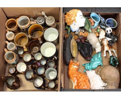 A collection of ceramic animal figures, spill vases, a collection of copper lustre ware, steins, tankards etc (2).