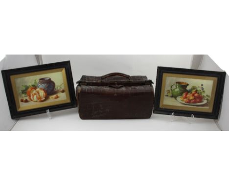 A 1930s vintage crocodile skin Gladstone bag, width 42.5cm, two 1930s prints of still lives (3).