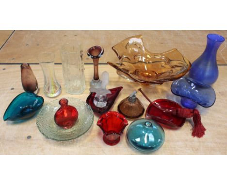 A group of studio and vintage glassware to include a Royal Brierley iridescent blue ground baluster vase, a vintage Swedish c