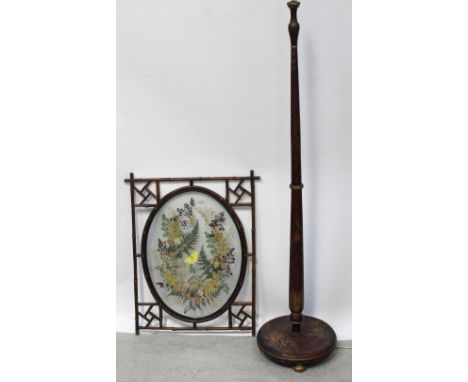 A 1920s chinoiserie standard lamp with figural and pagoda decoration to a red ground, a bamboo screen panel with elliptical g