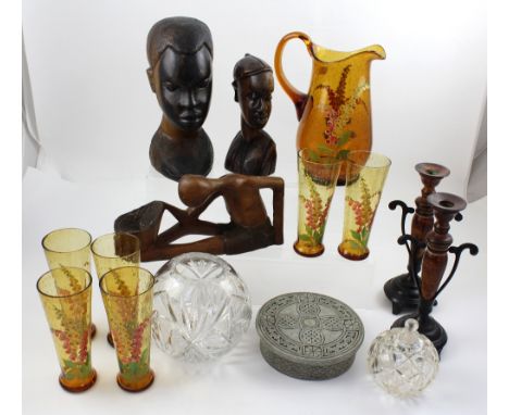 Two hardwood carved African heads and an African figure with basket, a pair of vintage candlesticks, a stoneware bowl, cut gl