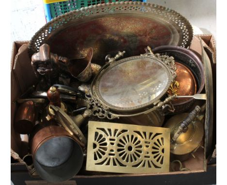 A collection of copper and brass ware to include a Siemans Bros &amp; Co Ltd 'The Vilex' bell, assorted Middle Eastern and In