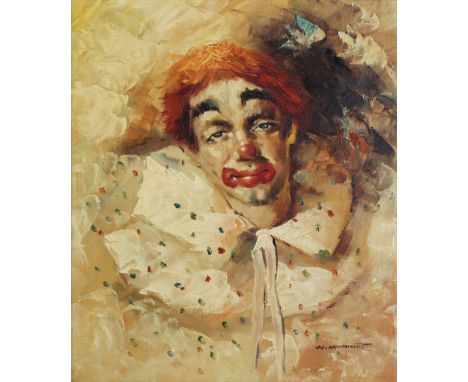 WILLIAM MONINET (American 1937-1999); oil on canvas, portrait of a melancholy clown, signed lower-right, 52 x 40.5cm, gilt-fr