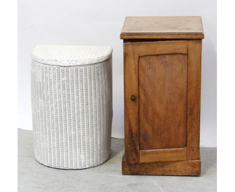 An Edwardian pot/bedside cabinet, panel door to plinth base, 69 x 36cm and a white painted Lloyd Loom style linen basket (2).