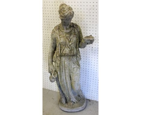 A composite garden architectural figure of a young woman Grecian dress, on a plinth base, height 96cm.