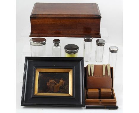 A mixed lot to include six silver-topped dressing table bottles, a travelling match safe and inkwell with matching jewellery 