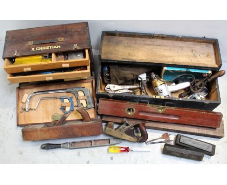 A large collection of tools and tool boxes to include block planes, snub plane, hacksaws, chisels, augers, brace, hand drill,