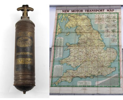 A vintage Pyrene fire extinguisher on mount, a 'New Transport Map of England and Wales Index', 116 x 161cm, with 'The New Mot