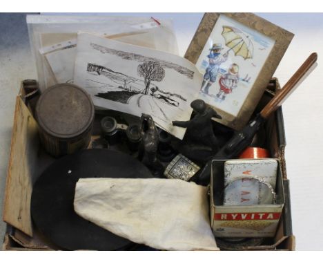 A vintage Harrod's Ltd 'Finest French Coffee' tin, a pair of L E Jockey Club field glasses, a small inlaid decorative box, vi