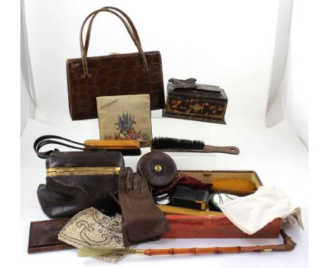 A collectors lot to include ladies' gloves, an embroidered purse, a beadwork clutch bag, cribbage board, a vintage tape measu