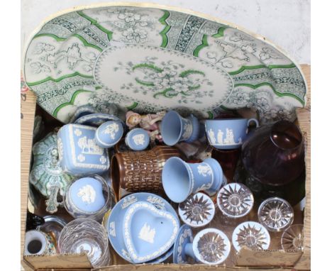 A quantity of Wedgwood blue Jasperware to include trinket pots, heart-shaped pin dish, egg-shaped trinket pot, baluster vase,