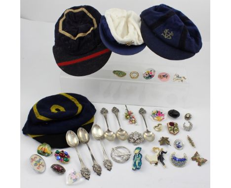 A quantity of vintage and contemporary costume jewellery to include brooches, necklaces etc, three schoolboys vintage caps an