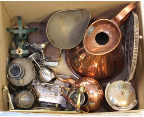 A quantity of metalware and plated ware to include a copper one-gallon jug, small copper kettle, a brass trivet, a pair of Sa