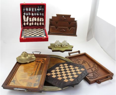 A vintage oak circular tray with brass gallery sides, two vintage oak trays, one with marquetry of Dutch boy and girl, the ot