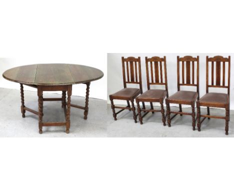 An oak oval drop-leaf table on gateleg, width 92cm and a set of four 1930s oak stick-back chairs with drop-in seats on turned