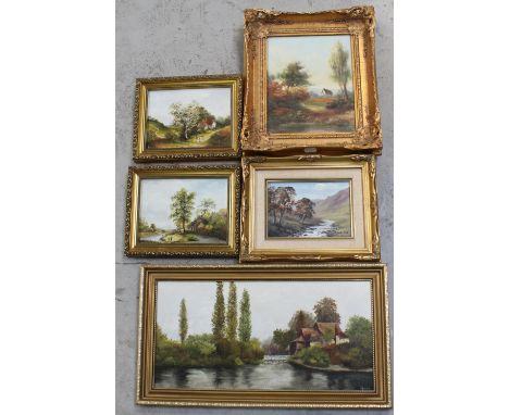 GROSSI; four decorative oil paintings, all country scenic views, a pair with cottages in the background and figures in the fo