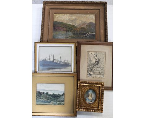 A small collection of pictures and prints to include a vintage silver nitrate photograph of the ocean liner 'Perseus', a pen 