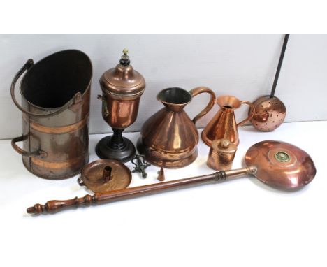 A small collection of copper items to include a swing-handled copper coal chute, height approx 41.5cm, a copper and brass bed