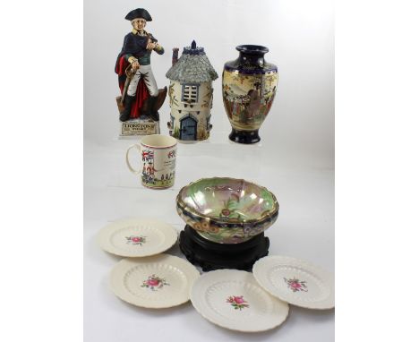 An early-to-mid 20th century Japanese baluster vase with figural and landscape decoration, a Chinese hardwood stand, a Maling