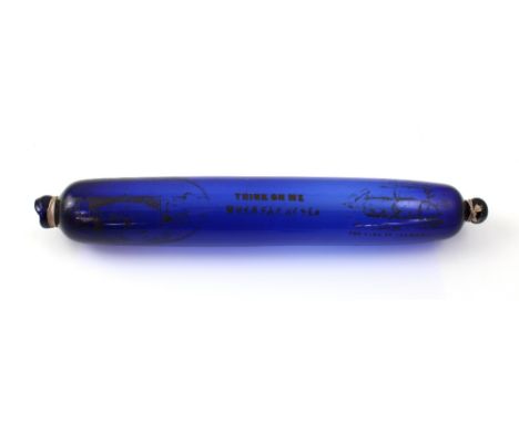 A 19th century Bristol blue glass rolling pin with applied gilt decoration of the new Sunderland Bridge from the West View an