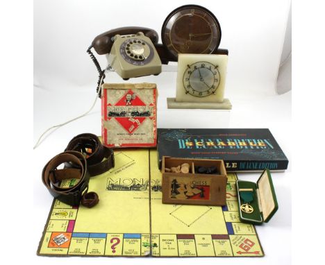 A collectors' lot to include vintage Scout belts, Scout medal, woggle, vintage chess set, Monopoly, Deluxe Edition Scrabble, 