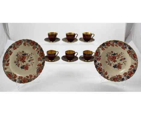 A Copeland Imari pattern soup plate, a matching dinner plate in the Imari pattern and a set of six Carltonware English stamp 