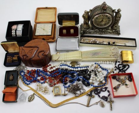 A small collection of costume jewellery to include a vintage wristwatch (lacking strap), two modern Quartz wristwatches, a me