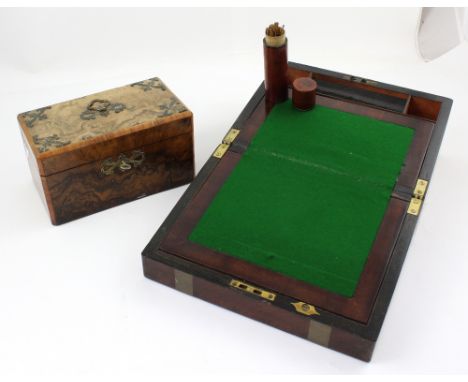 A late 19th century walnut twin-compartment tea caddy with brass spandrel mounts, escutcheon and top handle, a Victorian waln