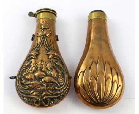 A Victorian copper and brass powder flask by James Dixon &amp; Son decorated in Art Nouveau style cartouche with scenes of fe