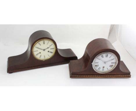 Two 20th century mahogany-cased eight-day Napoleon hat clocks, one with white ceramic dial set with Roman numerals and floral
