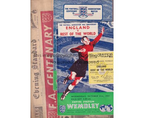 ENGLAND V REST OF THE WORLD     Programme for both matches at Wembley in 1953 with ticket and 1963 with Evening Standard spec