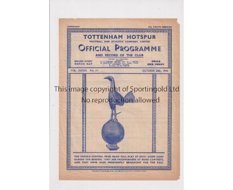 TOTTENHAM HOTSPUR       Single sheet programme for the home London Challenge Cup tie v QPR 28/10/1946, horizontal fold, minor