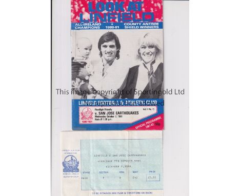 GEORGE BEST     Programme and ticket for Best playing for San Jose Earthquakes away at Linfield 7/10/1981. The ticket has a v