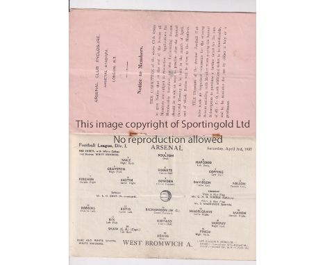 ARSENAL      Programme for the home League match v WBA 3/4/1937 with season ticket application form, slightly folded in four.