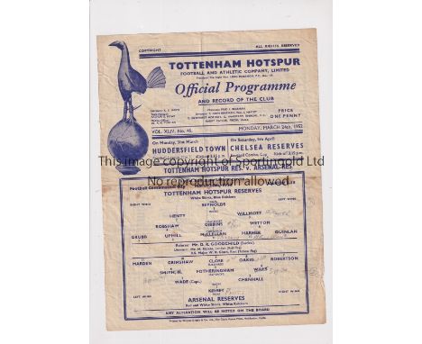 TOTTENHAM HOTSPUR V ARSENAL 1952       Single sheet programme for the Combination Cup tie at Tottenham 24/3/1952, Prog No.46,