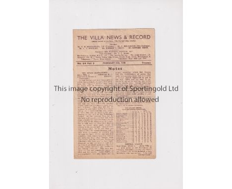 CHELSEA      Programme for the away F.A. Cup tie in season 1945/6 v Aston Villa, slightly creased.    Generally good