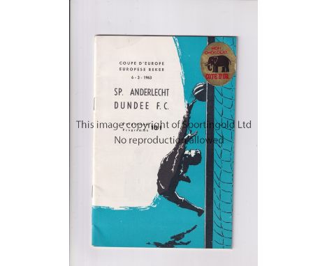 DUNDEE      Programme for the away European Cup tie v Anderlecht 6/3/1963.    Good