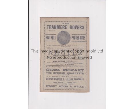 TRANMERE ROVERS       Programme for the home Pyke Cup tie v Central Vics 6/12/1913, ex-binder and professionally cleaned. Vol