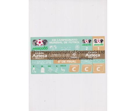 1986 WORLD CUP       Unused ticket for the Round of 16 match, Mexico v Bulgaria 15/6 at the Aztec Stadium. Staple holes on th