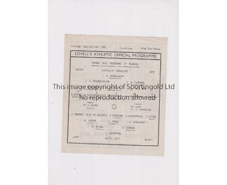 1944 LOVELLS ATHLETIC V BATH CITY   A single sheet for the F.L. War Cup tie at Lovells on 12/2/44, slight fold.   Generally g