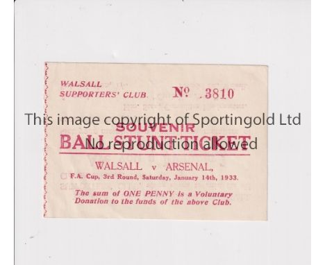 WALSALL V ARSENAL 1933 FA CUP      Ball Stunt Ticket for the famous tie at Walsall 14/1/1933.     Generally good