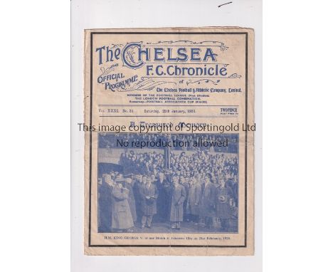 CHELSEA     Programme for the home FA Cup tie v Plymouth Argyle 25/1/1936, horizontal fold, slightly split spine and slightly
