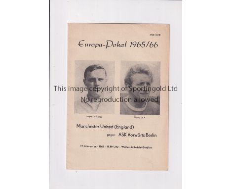 MANCHESTER UNITED      Programme for the away European Cup tie v ASK Vorwaerts in Berlin 17/11/1965.     Good