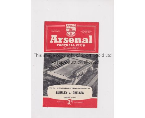 CHELSEA V BURNLEY 1956 FA CUP AT ARSENAL     Programme for the 3rd Replay tie on 13/2/1956.    Generally good