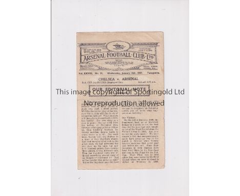 ARSENAL V CHELSEA 1947 FA CUP       Programme for the tie at  Arsenal 15/1/1947, fold and very slightly worn.    Fair