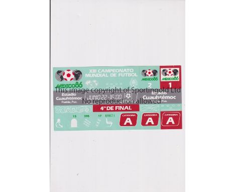 1986 WORLD CUP      Unused ticket for Spain v Belgium, Quarter-Final 22/6/1986 at the Cuauhtémoc Stadium. Staple holes on the
